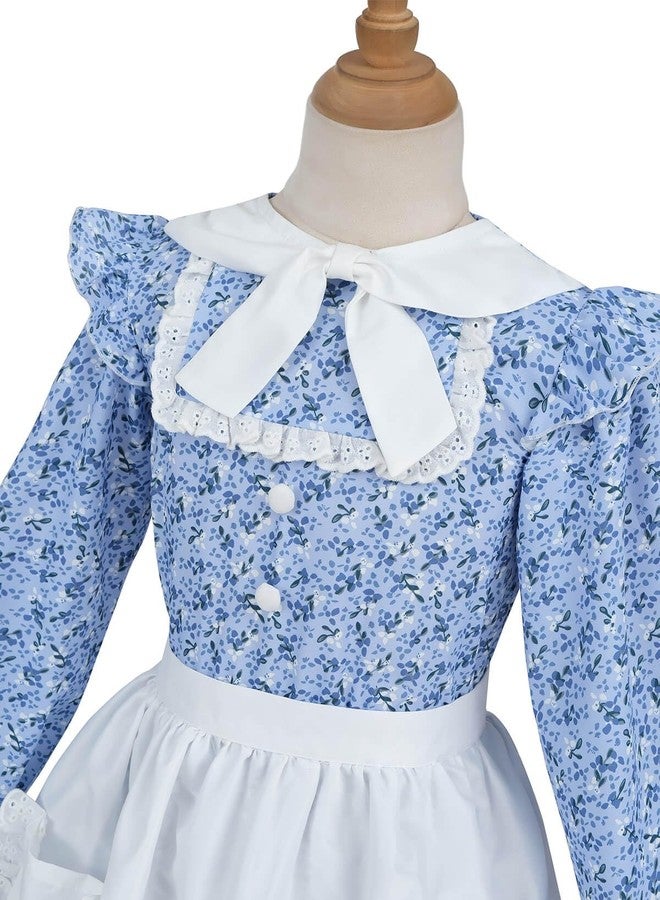 Nuoqi Colonial Dress Girls Pioneer Prairie Dress Laura Ingalls Wilder Costume with Apron Blue, 6-7 - Image 5